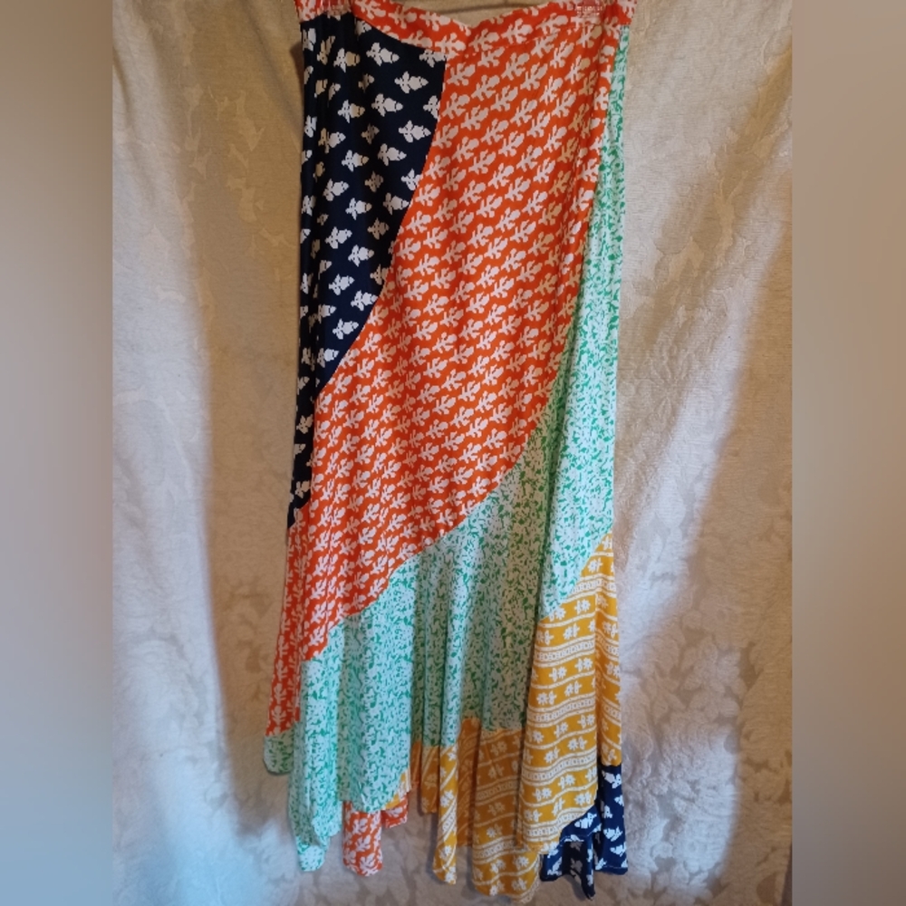 Anandas NWT Orange and Blue Maxi A-Line Skirt Asymmetrical Tiered Design